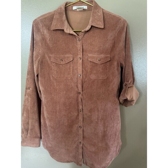 Passport RN# 89970 Button Up Long Sleeve corduroy Salmon Colored Ribbed Blouse M - Picture 1 of 5